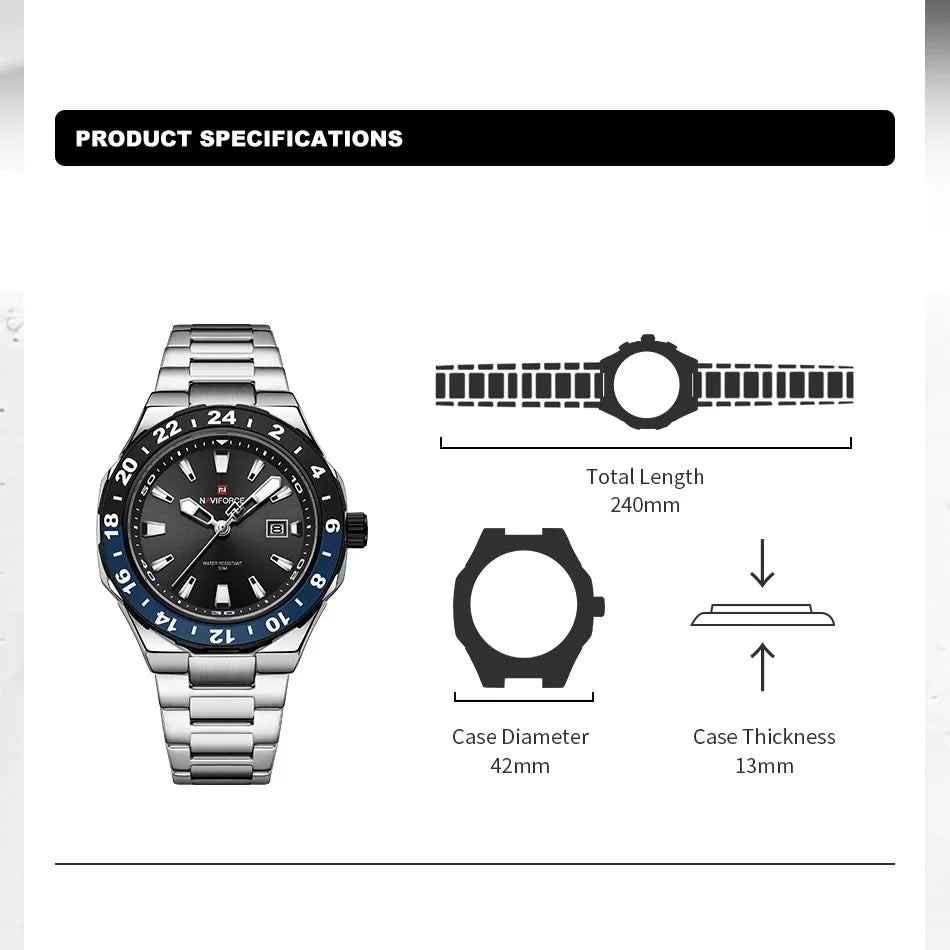 NAVIFORCE Watches for Man Luxury Sports Quartz Clock Luminous Calendar Stainless Steel Waterproof Wristwatch Relogio Masculino