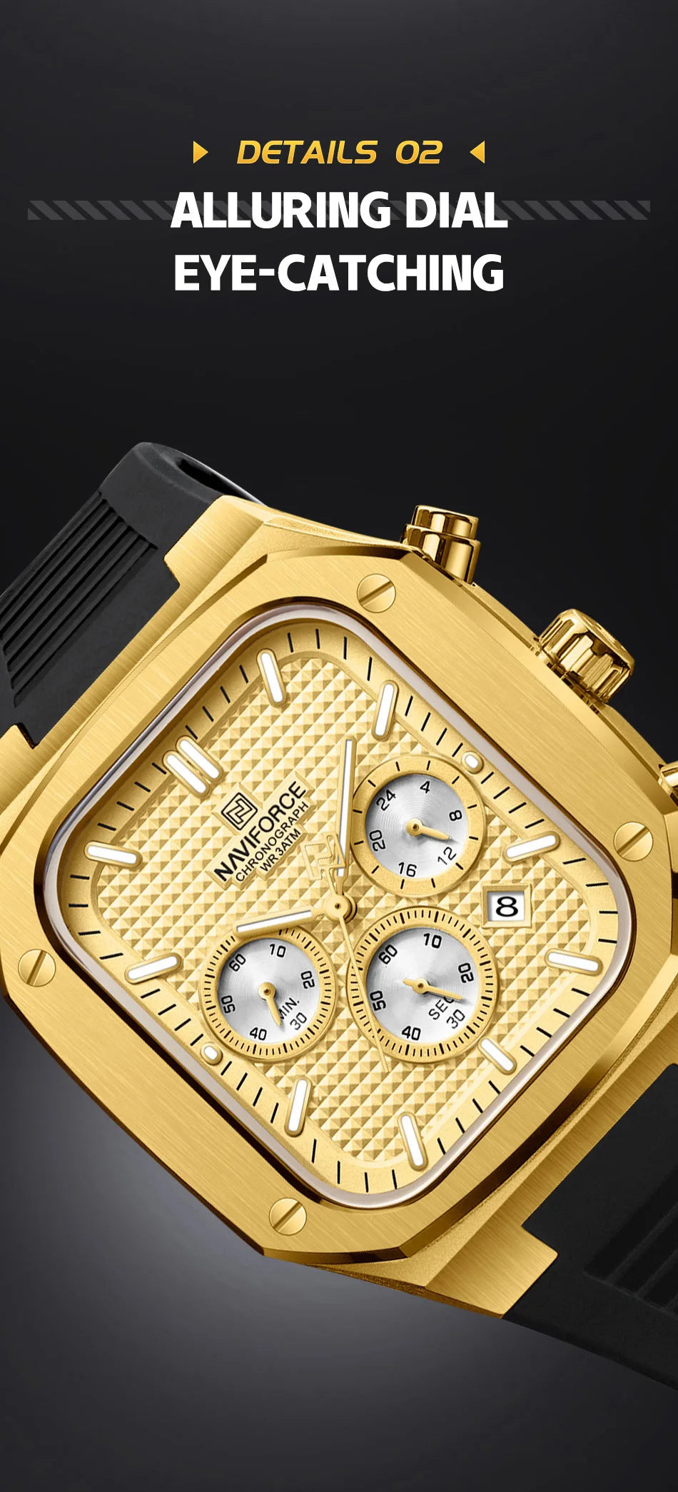 NAVIFORCE Men's Luxury Gold Watch Fashion Silicone Strap Quartz Movement Waterproof Square Wristwatch with Luminous Hands And Da