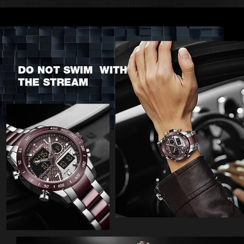 NAVIFORCE Men's Fashion Sports Watch Quartz Dual Display Luminous Waterproof Steel Band Clocks Male Outdoor Wristwatch Gifts Box