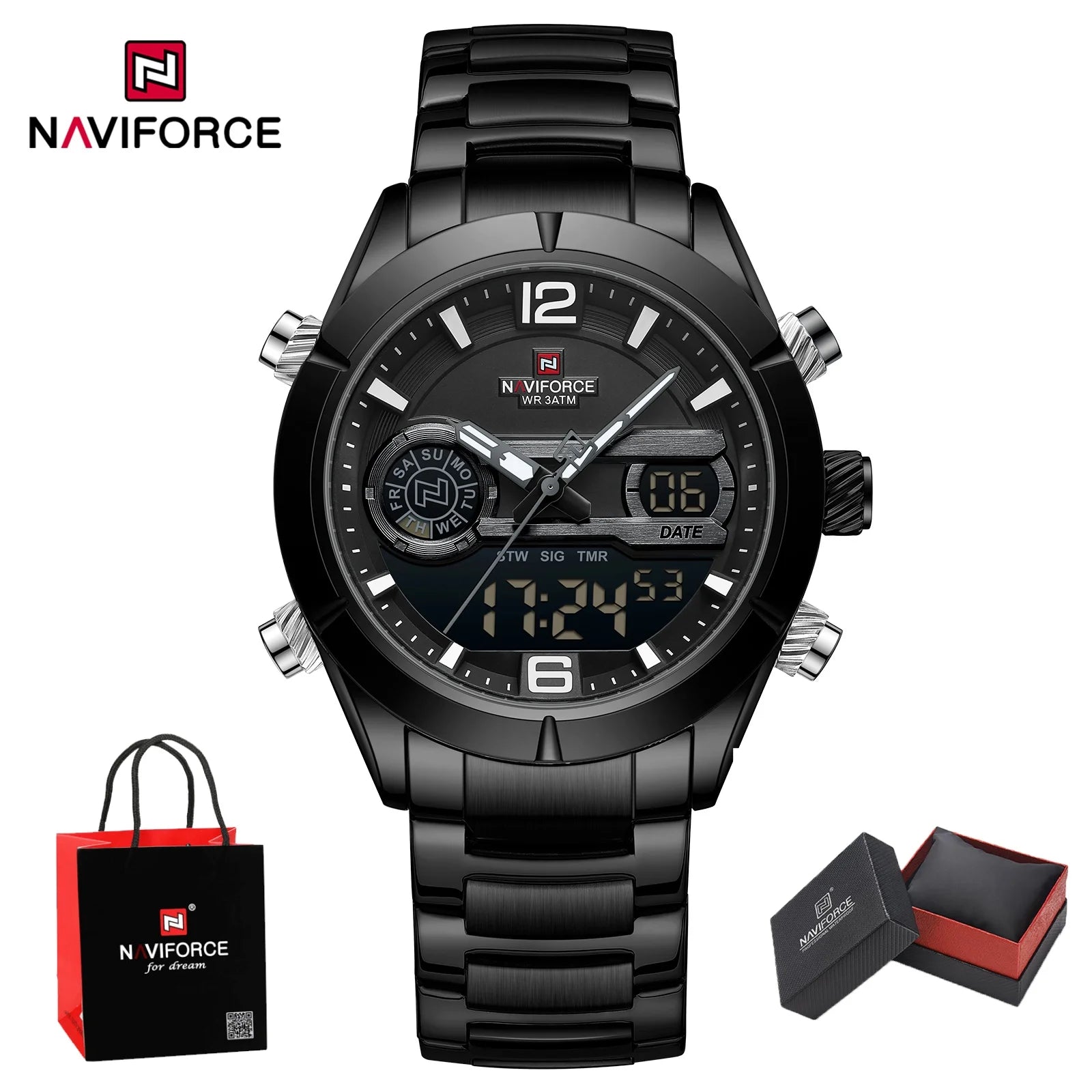 NAVIFORCE Men's Luxury Waterproof Digital Sport Watch Quartz Wristwatch Military Luminous Stainless Steel Strap Male gifts