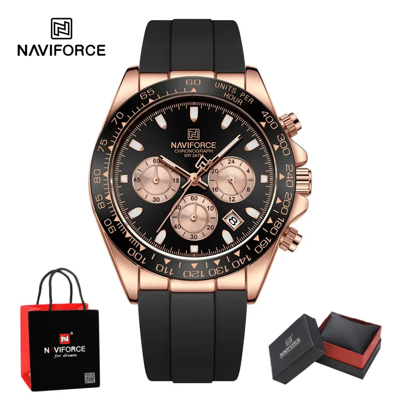 NAVIFORCE Quartz Men's Leisure Chronograph Watch Waterproof Luminous Silica Strap Unique Design Man Fashion Wristwatch Gift Box