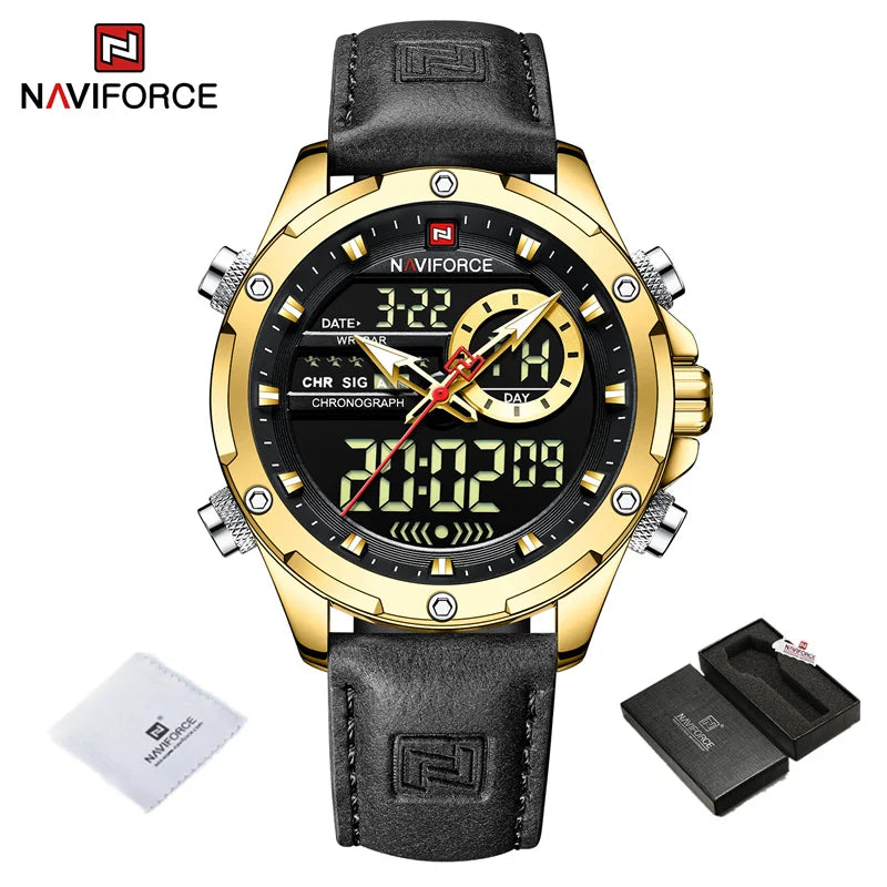 NAVIFORC Casual Sport Chronograph Men's Watch Genuine Leather Band Wristwatch Quartz Clock Luminous Display Relogio Masculino