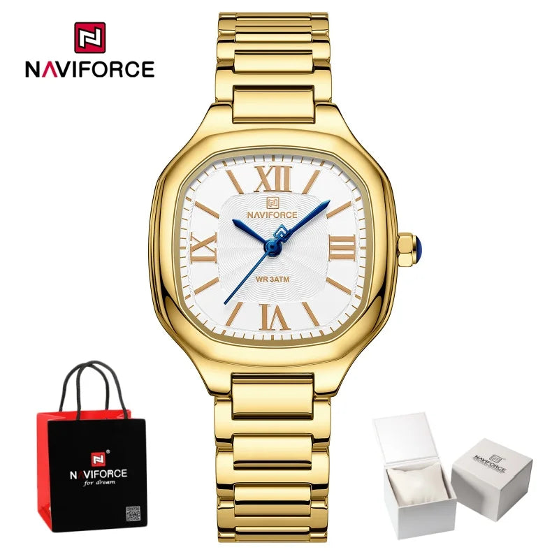 NAVIFORCE Women's Casual Fashion Quartz Watch Unique Design Waterproof Steel Strap Elegant Ladis Daily Wear Wristwatch Gift Box