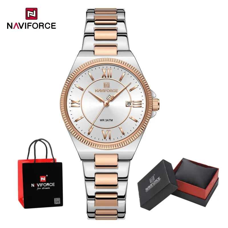 NAVIFORCE Women's Quartz Watch 3ATM Waterproof Date Display Stainless Steel Fashion for Daily Dress Lady Wristwatch Gifts Box