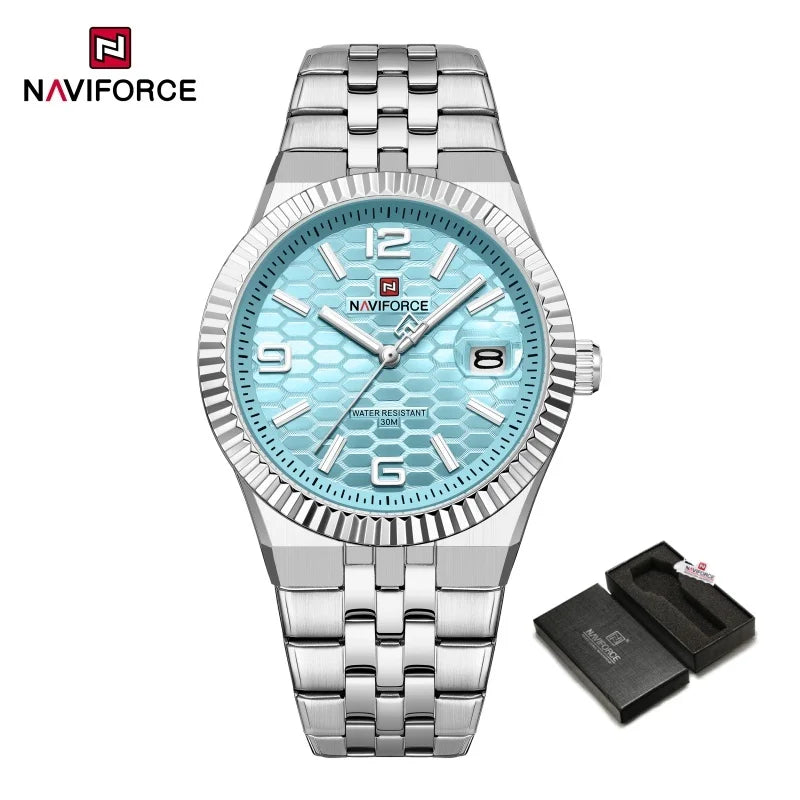 NAVIFORCE New Lover Watches 3ATM Waterproof Quartz Calendar Stainless Steel Fashionable Elegant Daily Wear Wristwatch for Couple