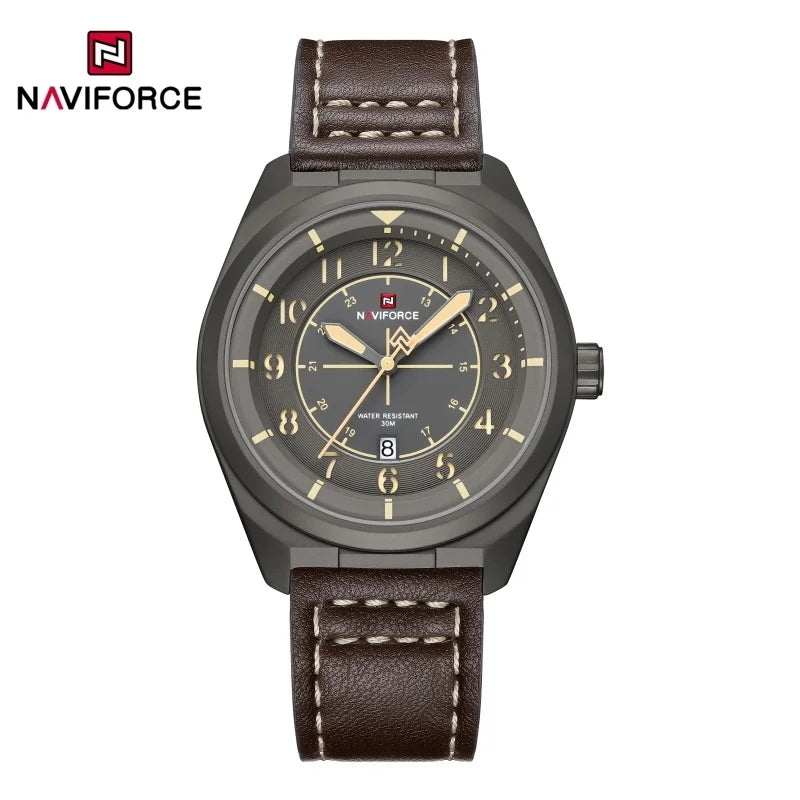 NAVIFORCE New Men Retro Quartz Watch Calendar 30M Waterproof Leather Strap Male Simple Trendy Mature Business Wristwatch NF9281L