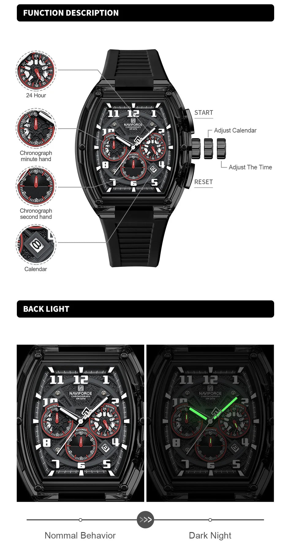 NAVIFORCE Men Fashion Watches Quartz Multifunction Chronograph 50M Waterproof Clock Silicone Strap Male Outdoor Sport Wristwatch