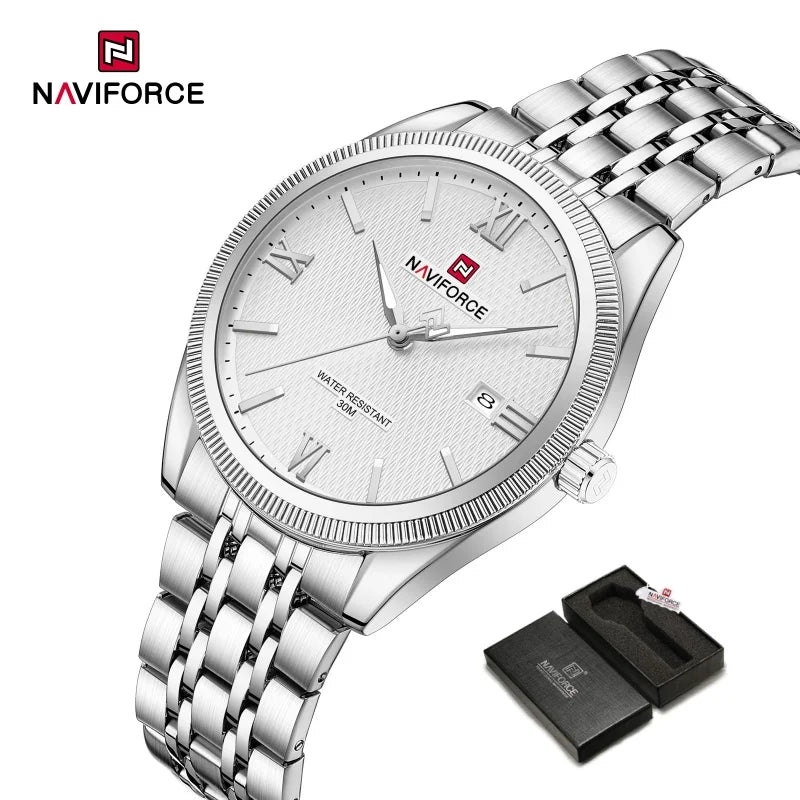 NAVIFORCE Man Wristwatch Quartz Calendar 30M Waterproof Date Display Steel Band Casual Male Business Watch Gift for Father's Day