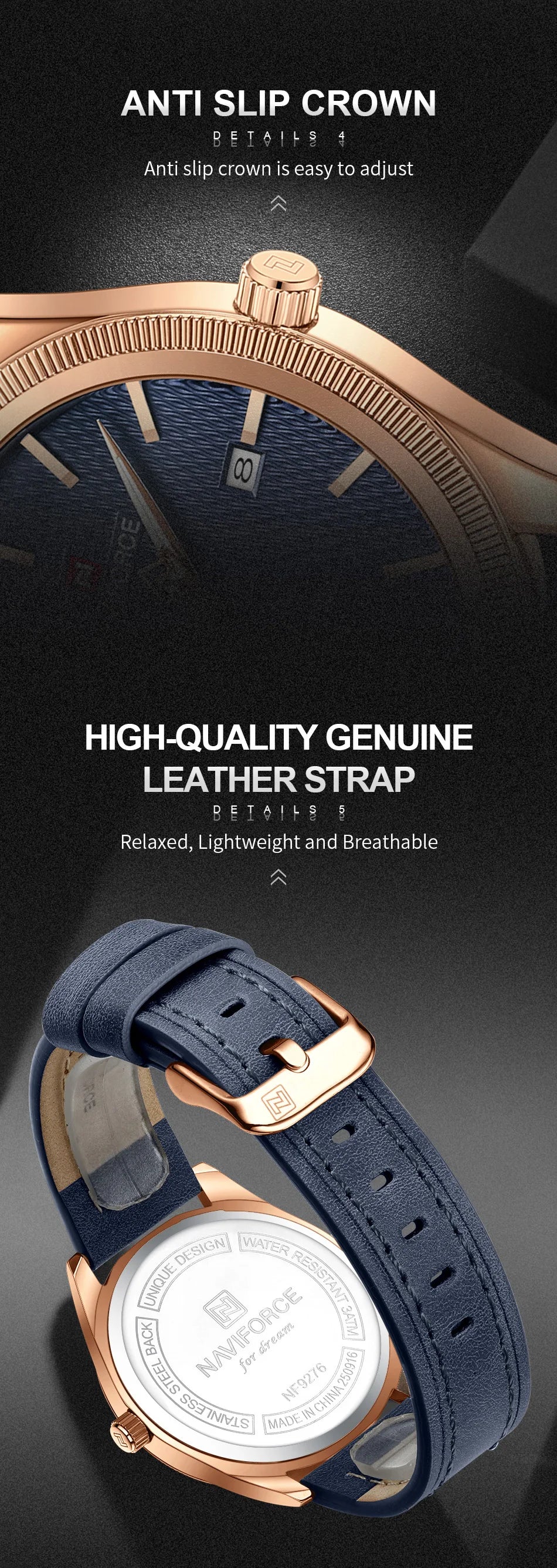 NAVIFORCE Men's Watches Fashion Genuine Leather Strap 30M Waterproof Male Quartz Wristwatches Luminous Point Date Display Clock