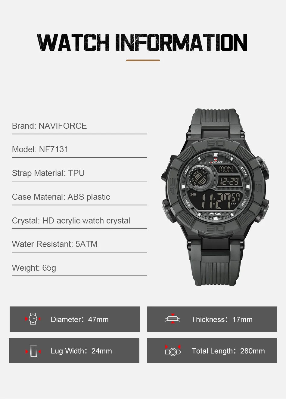 NAVIFORCE Men's Watch LCD Digital 50M Waterproof Multifunction Soft TPU Strap Military Style Teenager Sports Outdoor Wristwatch