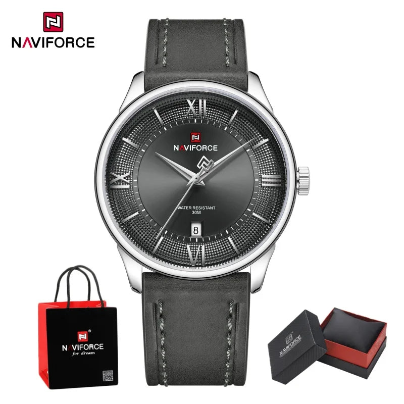 NAVIFORCE High Quality Men's Quartz Watch Date Display 3ATM Waterproof Leather Strap Male Fashionable Luxury Wristwatch Gift Box