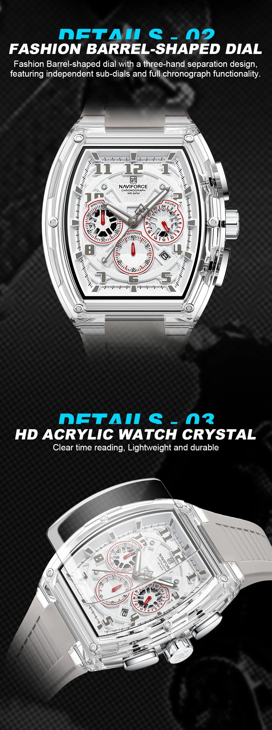 NAVIFORCE Man's Quartz Watch 50M Water Resistant Luminous Male Sports Wristwatch Barrel Dial Multi Function Casual Tech Stylish