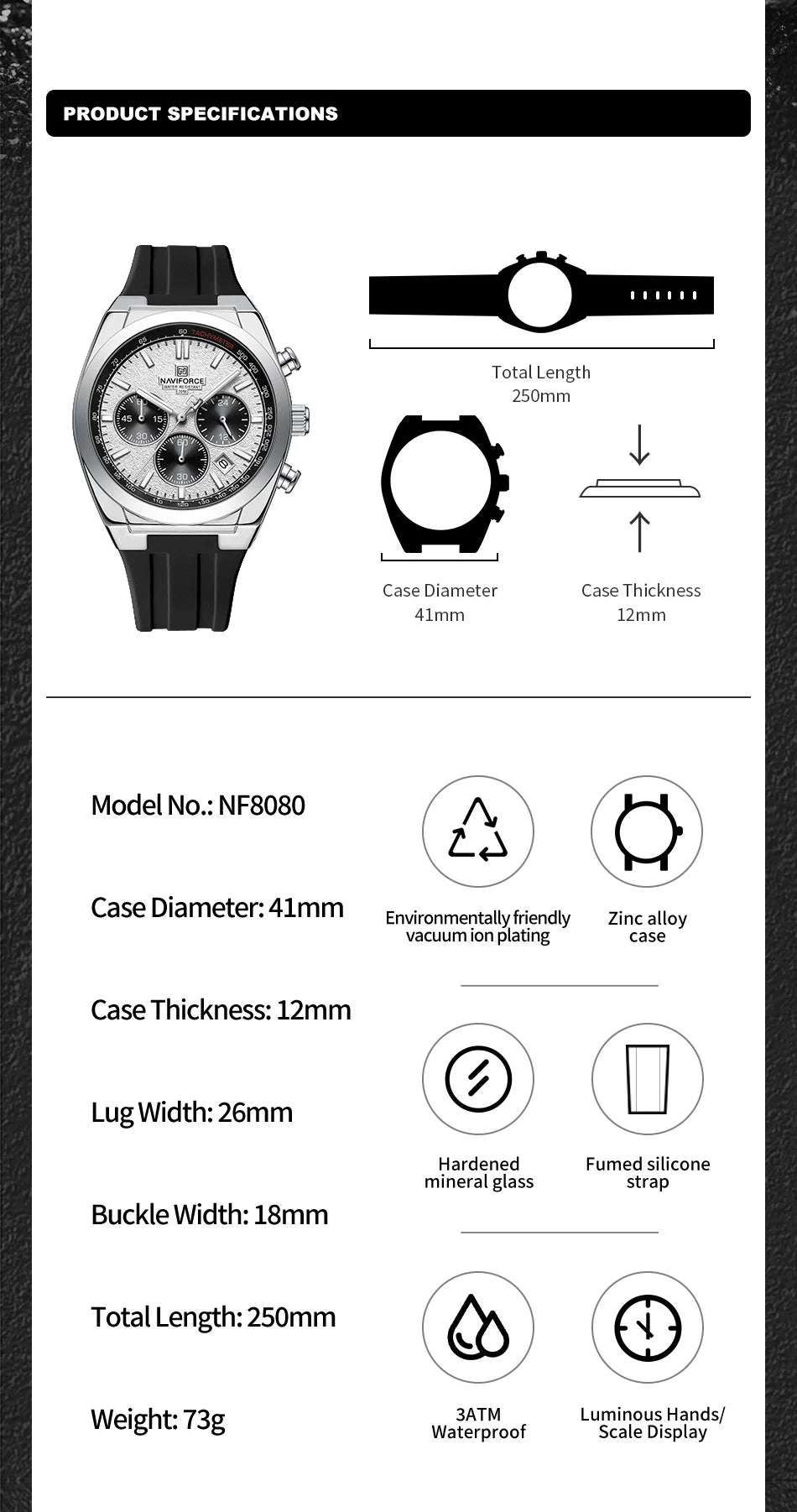 NAVIFORCE Brand Men's Fashion Luxury Quartz Wristwatches Sports 24 Hours and Date Display Waterproof Chronograph Clock Male Gift