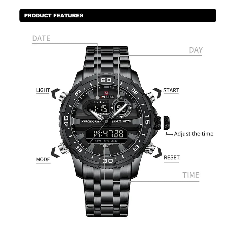 NAVIFORCE Men's Watch Quartz Analog LCD Digital Wristwatch Male Stainless Steel Strap Water Resistant Date Clock Package Gifts
