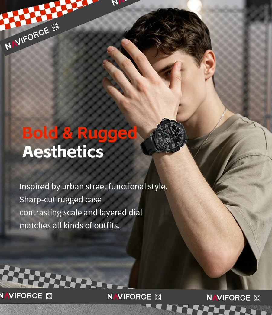 NAVIFORCE Men's Military Quartz Watch Slate Gray Dial White Arabic Numeral Scale 5ATM Waterproof Sports Personality Wristwatches