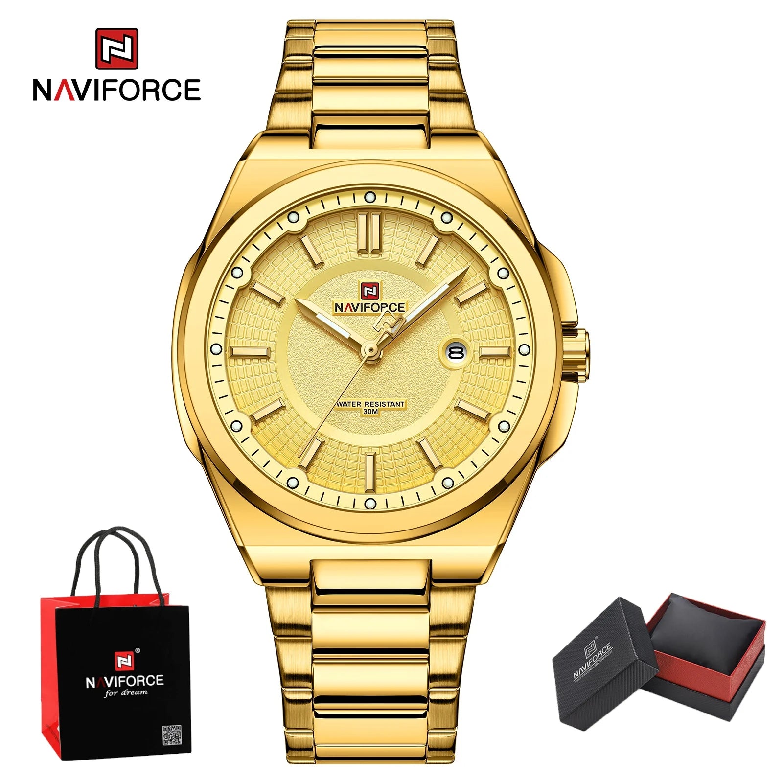 NAVIFORCE Men's Watch Stainless Steel Strap Military Casual Business Quartz Waterproof Calendar Clock with Gift Box