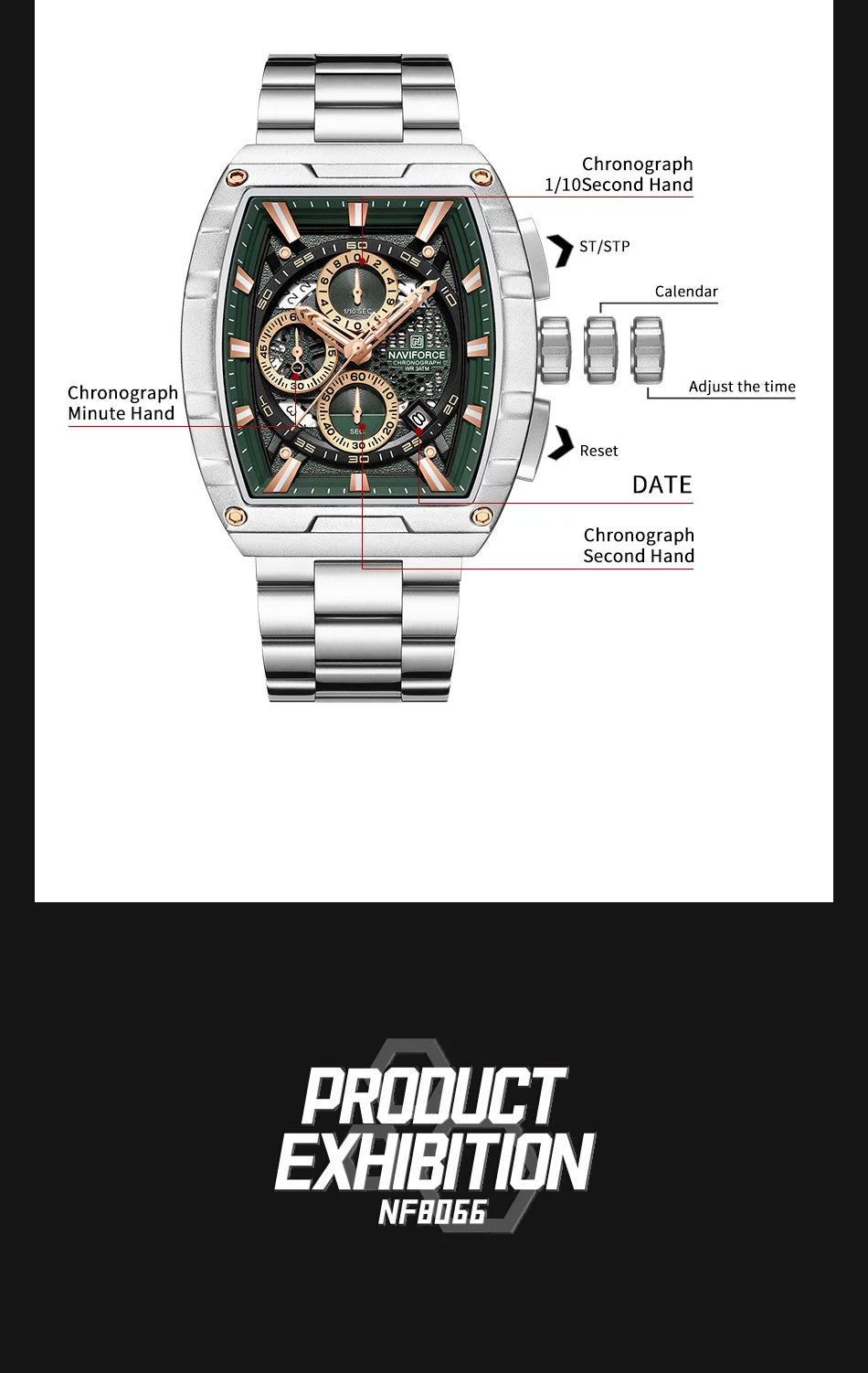 NAVIFORCE Quartz Watch for Men Fashion Waterproof Luminous Chronograph Wristwatch Auto Date Stainless Steel Strap Clock Gift
