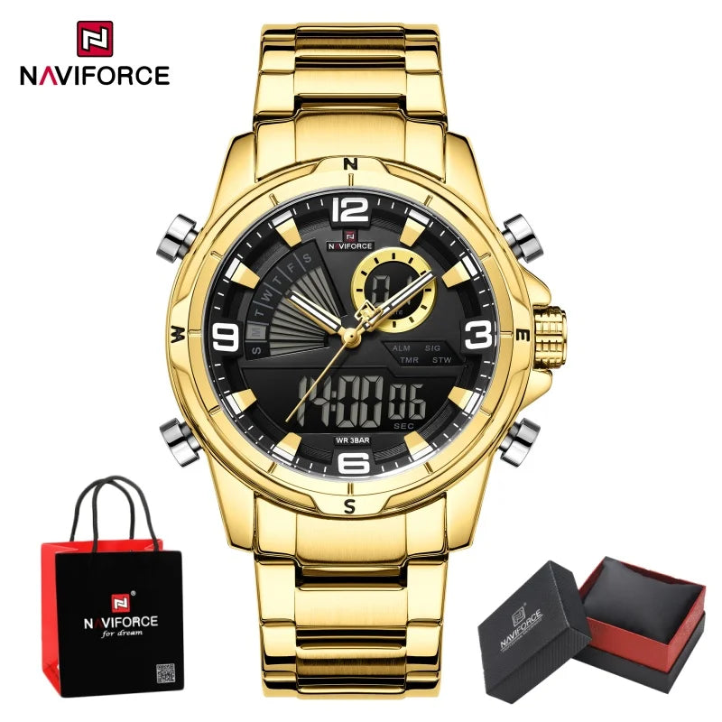 NAVIFORCE Luxury Man's Watch Quartz Chronograph Dual Display 3ATM Waterproof Military Style Sports Wristwatch Gift Box For Men