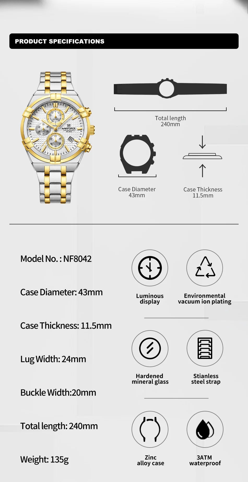 NAVIFORCE Original Watches for Man Waterproof Quartz Chronograph Luminous Stainless Steel Father's Day Male Wristwatch Gift Box