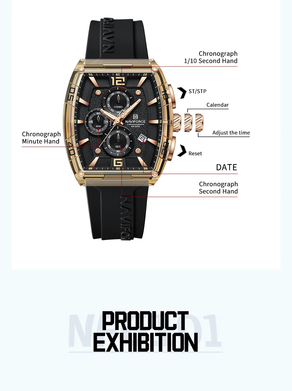 NAVIFORCE Luxury Men's Watch Quartz Chronograph 5ATM Waterproof Luminous Hand Soft Silicone Strap Male Fashion Sports Wristwatch