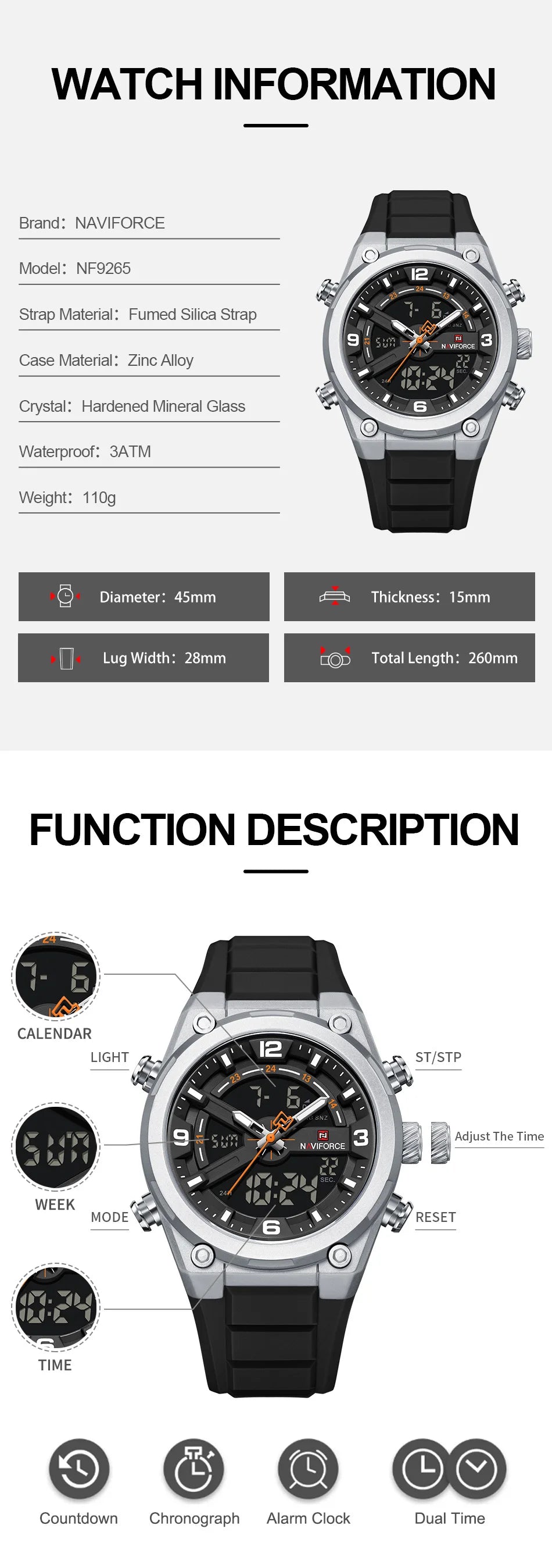 NAVIFORCE Man's Watches Dual Display Week and Date Waterproof Luminous Silicone Strap Male Business Fashion Wristwatch Gift Box