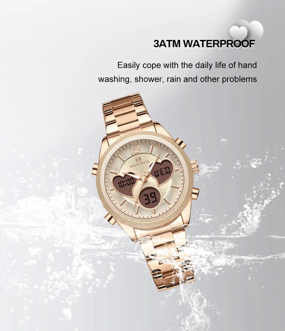 NAVIFORCE Women Watch Unique Design of Heart-Shaped Dial Quartz Analog LCD Digital Watches Fashion Casual Girlfriend Gifts Clock