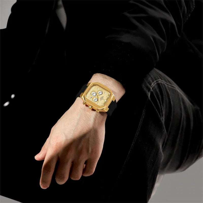 NAVIFORCE Men's Luxury Gold Watch Fashion Silicone Strap Quartz Movement Waterproof Square Wristwatch with Luminous Hands And Da
