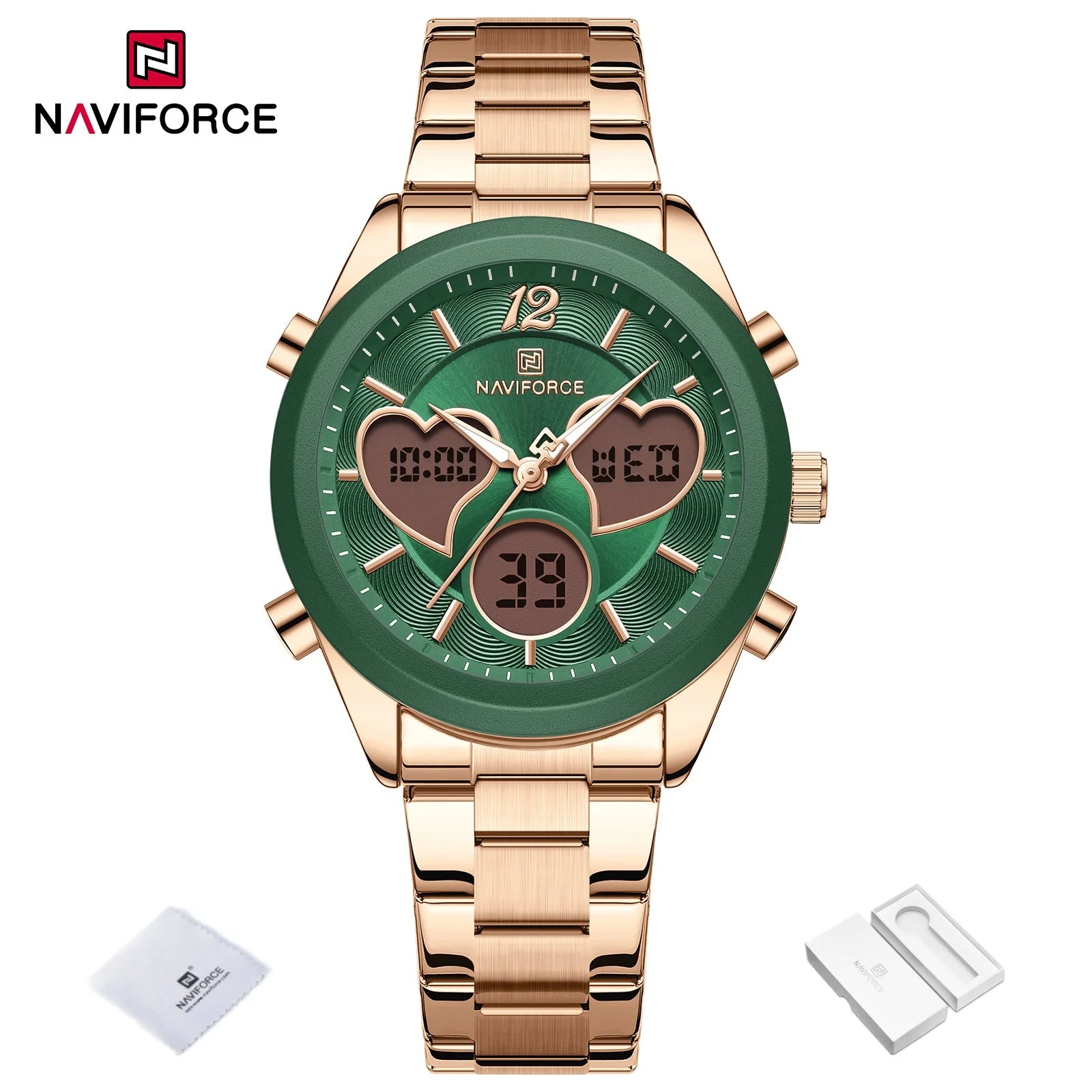 NAVIFORCE Women Watch Unique Design of Heart-Shaped Dial Quartz Analog LCD Digital Watches Fashion Casual Girlfriend Gifts Clock