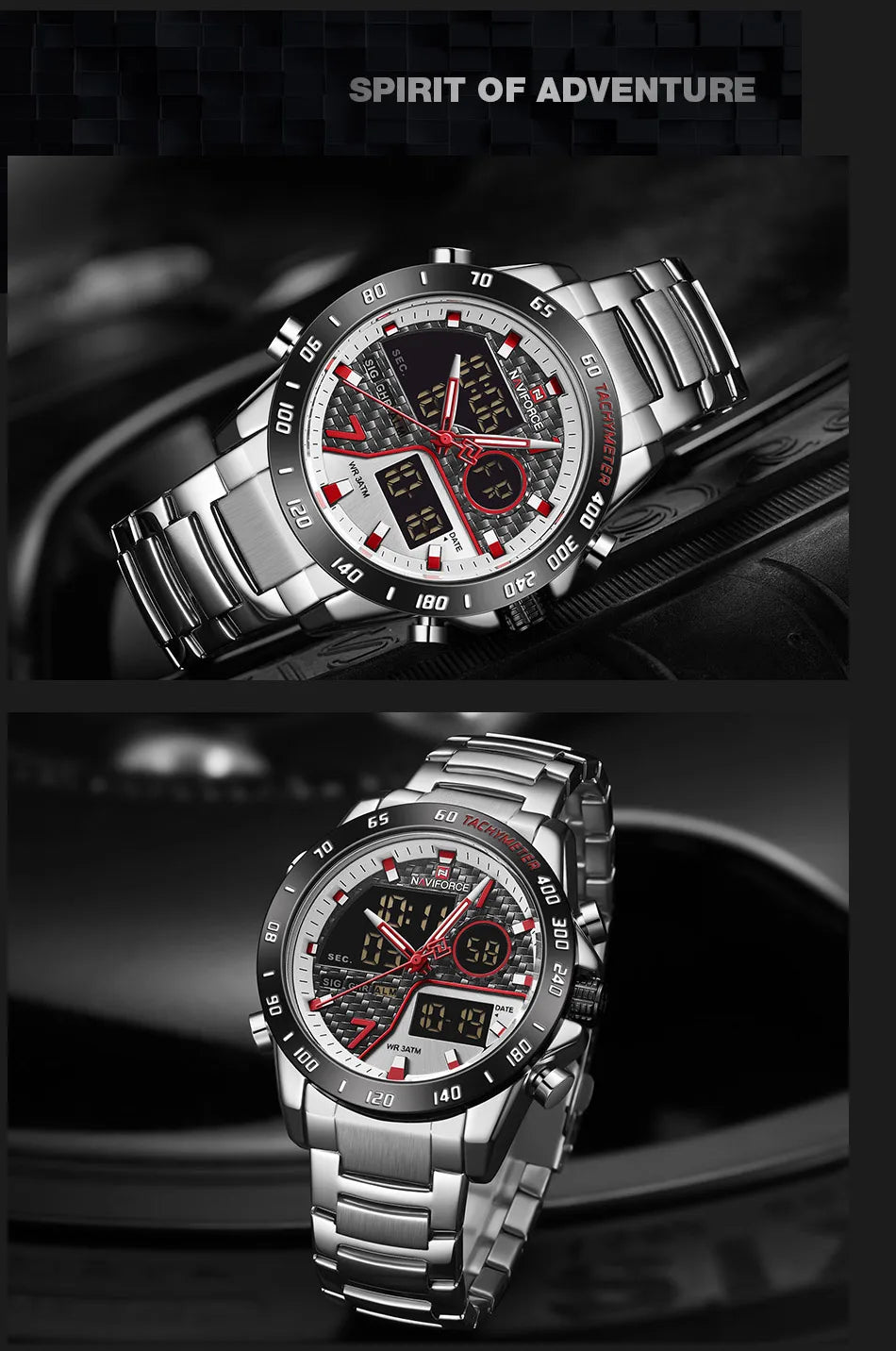 NAVIFORCE Men's Fashion Sports Watch Quartz Dual Display Luminous Waterproof Steel Band Clocks Male Outdoor Wristwatch Gifts Box