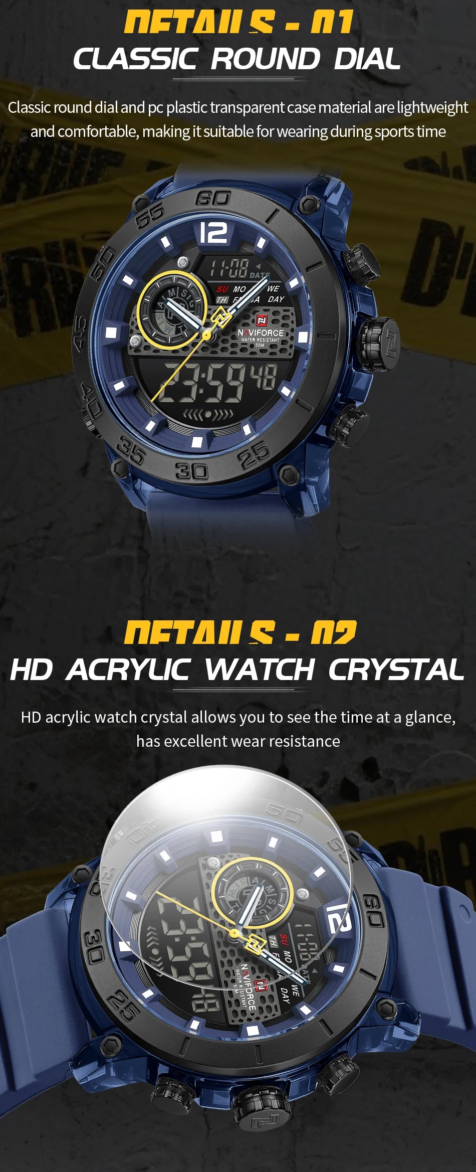 NAVIFORCE Men's Watch PC Material Analog LCD Digital Display Sport Waterproof Quartz Wristwatch Date Chronograph Luminous Clock