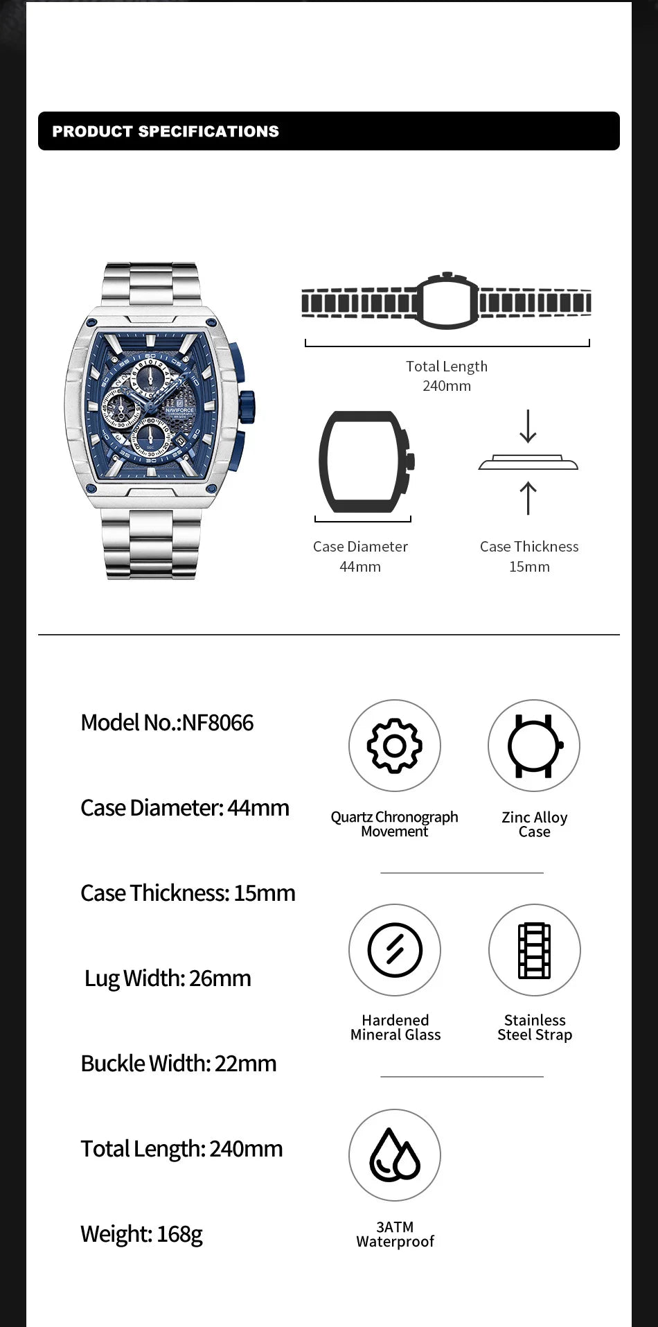 NAVIFORCE Men's Watches Sports Auto Date Man Watch Luxury Waterproof Stainless Steel Quartz Wristwatch Chronograph Package Gifts