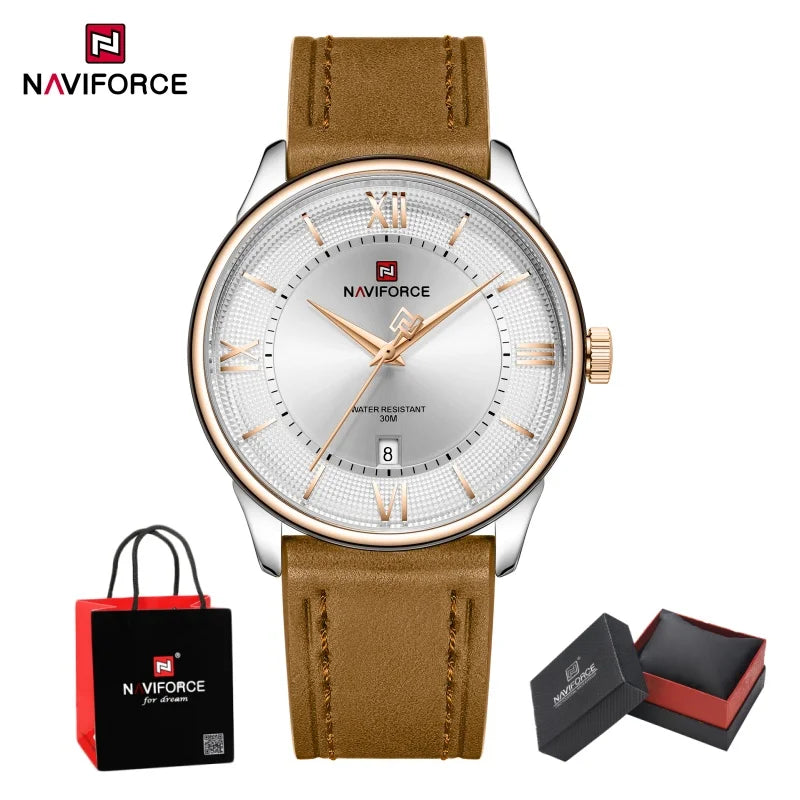 NAVIFORCE High Quality Men's Quartz Watch Date Display 3ATM Waterproof Leather Strap Male Fashionable Luxury Wristwatch Gift Box