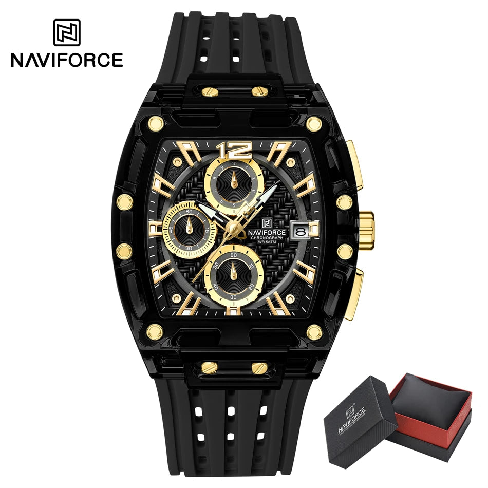NAVIFORCE Men's Quartz Watch Multifunctional Colorful Chronograph Top Brand Silicone Strap 5ATM Waterproof Tonneau Wristwatches