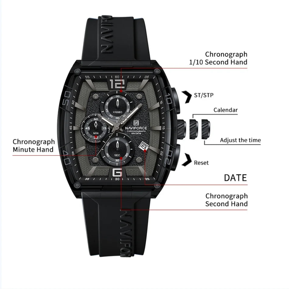 NAVIFORCE Men's Quartz Sports Casual Watch Silicone Strap Wristwatches Chronograph Waterproof Luminous Hands Man Auto Date Clock