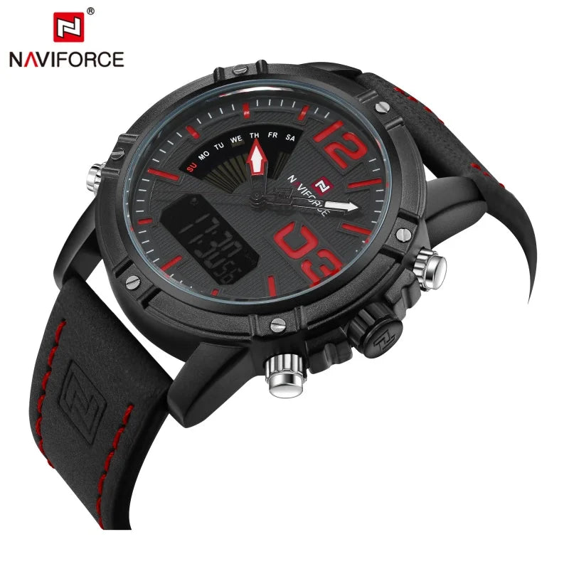 NAVIFORCE Luxury Brand Men's Sport Watches Men Dual Display LED Digital Waterproof Leather Strap Quartz Military Watch Man Clock
