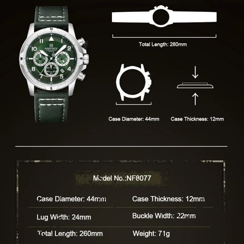 NAVIFORCE Classic Men Quartz Chronograph Watch 3ATM Waterproof Date Display Leather Strap Business Wristwatch Gift Box for Male