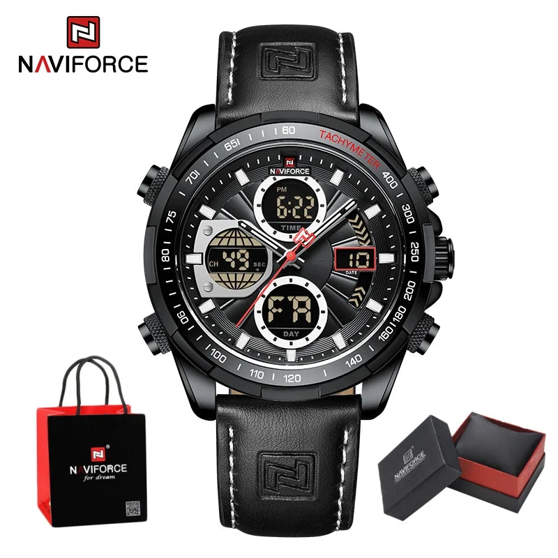 NAVIFORCE Man's Watch Quartz Chronograph Alarm Waterproof Big Clock Digital Military Luxury Male Wristwatch Gift Box NF9197L