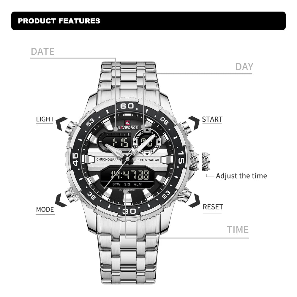 Gifts for Boyfriends NAVIFORCE Men's Silver Black Quartz Watch LCD Digital Waterproof  Wristwatch Male Luminous Hands Date Clock