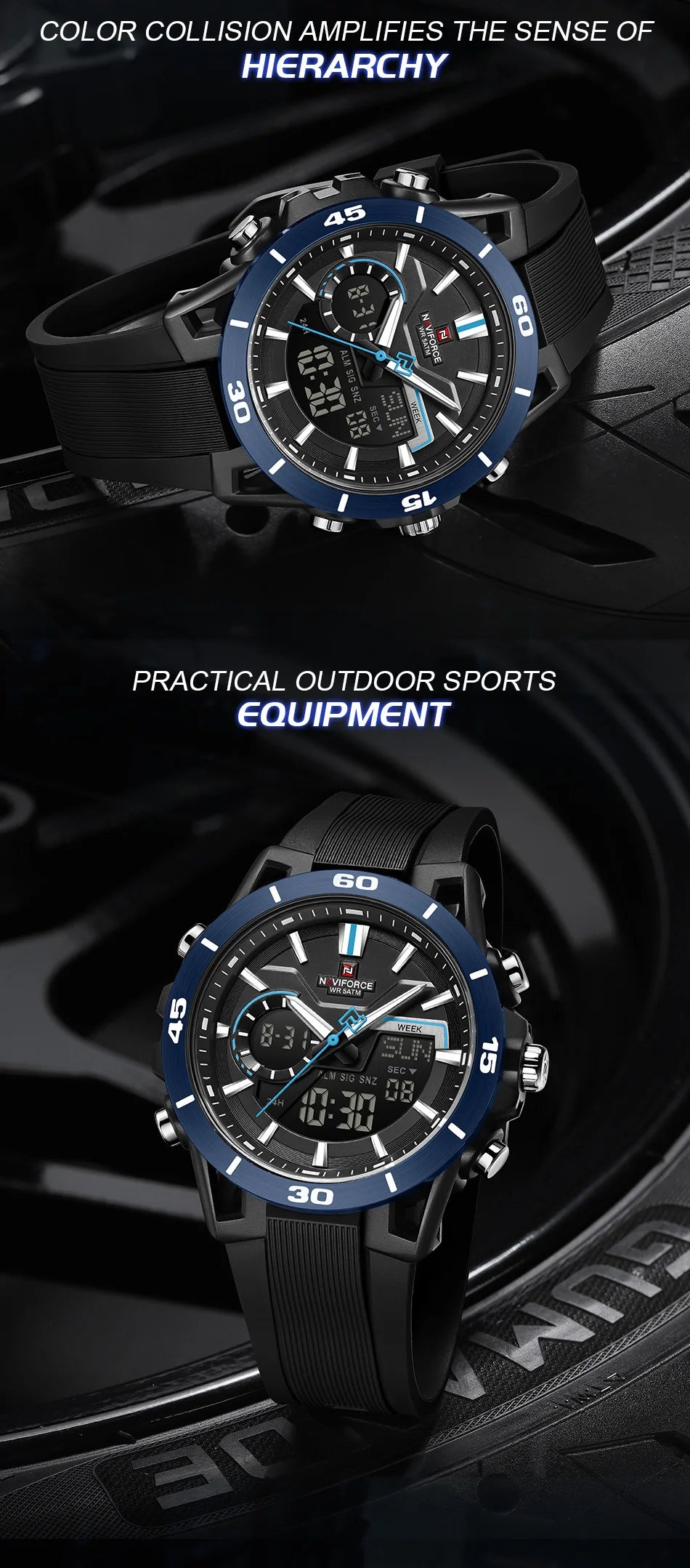 NAVIFORCE Men's Fashion Dual Display Watch 5ATM Waterproof Luminous Soft TPU Strap Male Sports Outdoor Daily Wristwatch Gift Box