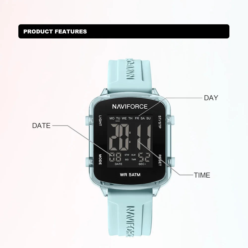 NAVIFORCE Watches for Woman LCD Digital 5ATM Waterproof Date Display Soft Silicone Strap Female Daily Casual Sports Wristwatch