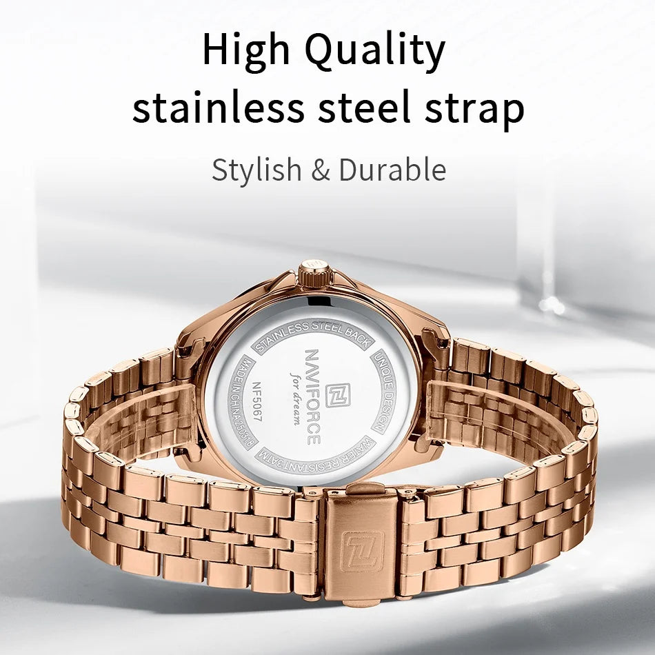NAVIFORCE Women's Quartz Watch Elegant Casual Stainless Steel Strap 30m Waterproof Female Wristwatches Ladies Clock Reloj Mujer