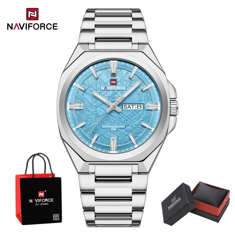 NAVIFORCE Male Quartz Stylish Wristwatch Date Week Display Waterproof Luminous Steel Band Man's Clock Luxury Wristwatch Gift Box
