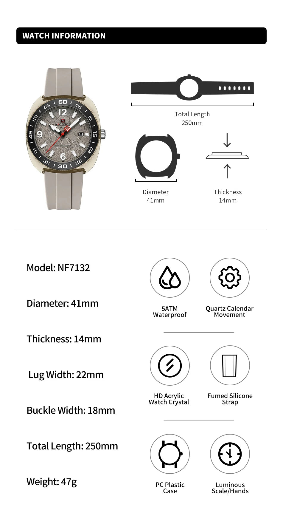 NAVIFORCE Man's Watch Quartz Calendar Luminous 5ATM Waterproof Business Luxury Casual Simple Wristwatch Gifts Box Male NF7132