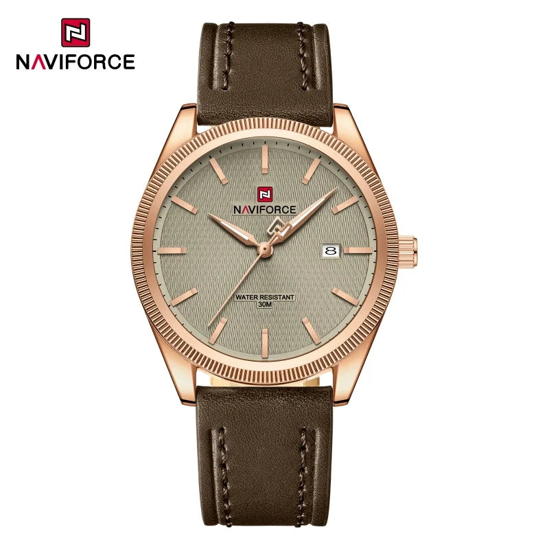 NAVIFORCE Men's Watches Fashion Genuine Leather Strap 30M Waterproof Male Quartz Wristwatches Luminous Point Date Display Clock