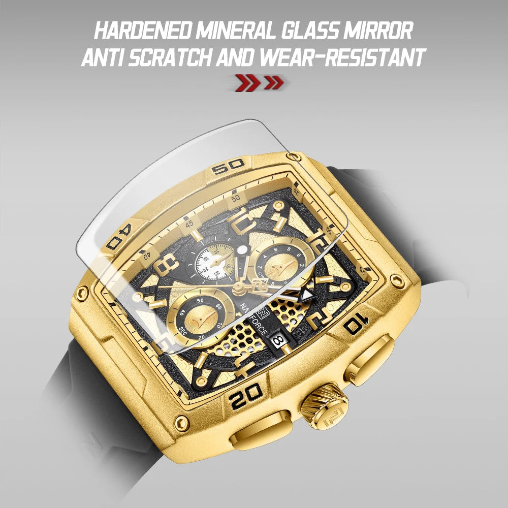 Fashion Brand NAVIFORCE  Men Gold Design Quartz Watches Casual Male  Wrist Watch Large Dia Multi-function PU Waterproof Clock