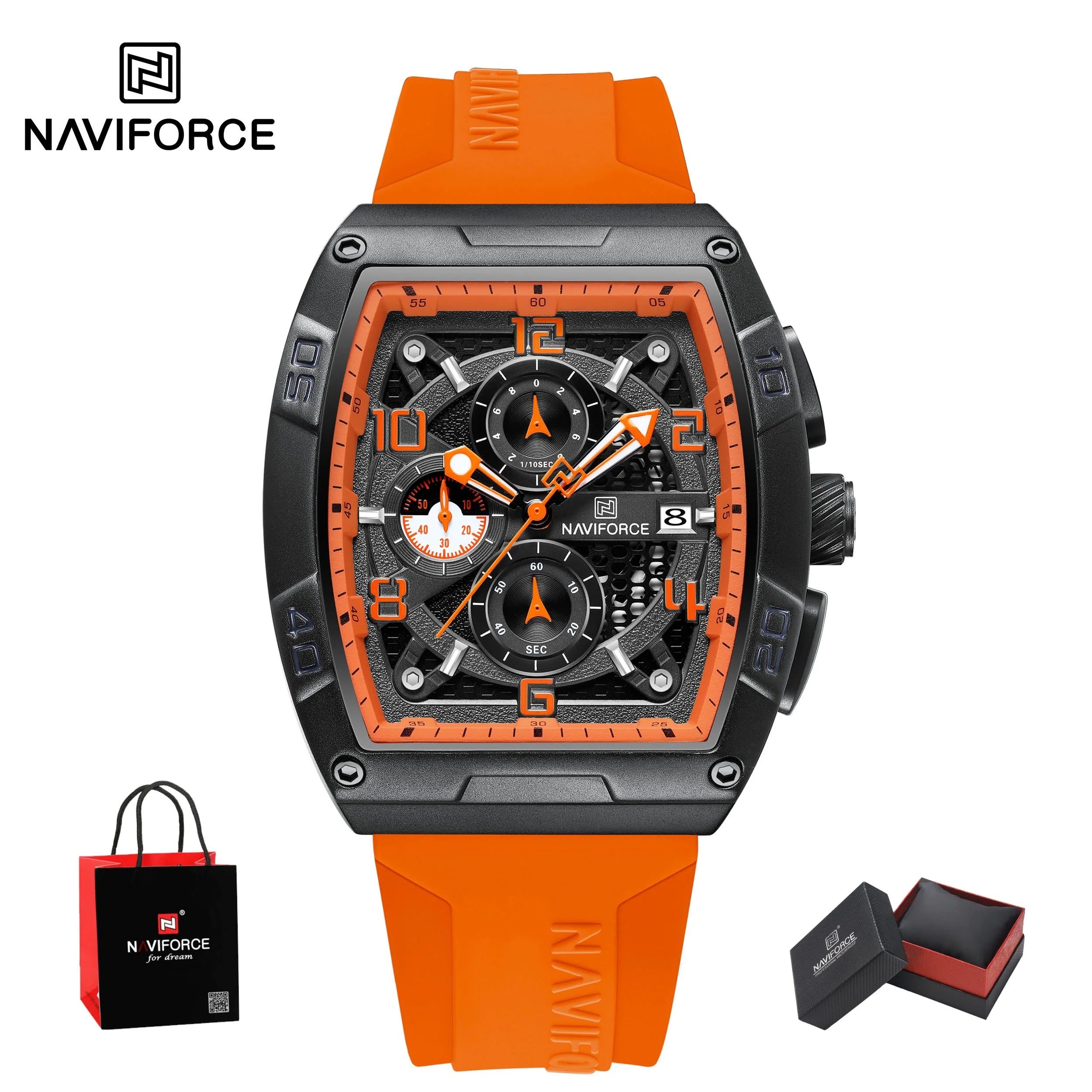 NAVIFORCE Fashion Men’s  Large Dia Multi-function PU Waterproof Clock Gold Design Quartz Watches Casual Male Wrist Watch Gifts