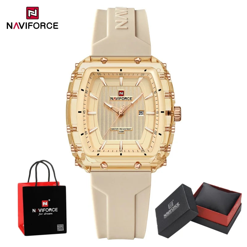 NAVIFORCE Woman's Watch Quartz Calendar 5ATM Waterproof Silica Strap Elegant Ladies Luxury Stylish Simple Wristwatch Gift Box