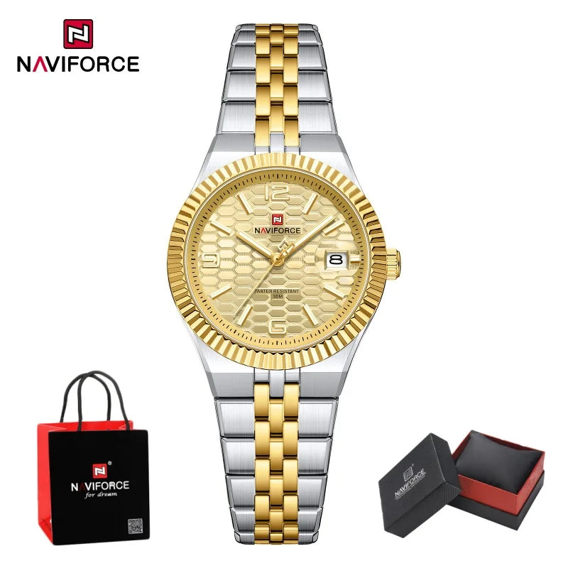NAVIFORCE Luxury Women Quartz Calendar Watch 30M Waterproof Luminous Steel Strap Female Casual Girls Fashion Wristwatch Gift Box