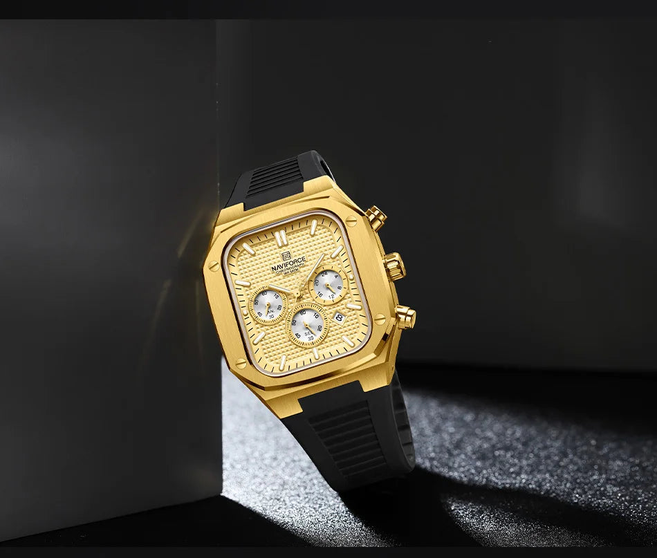 NAVIFORCE Men's Luxury Gold Watch Fashion Silicone Strap Quartz Movement Waterproof Square Wristwatch with Luminous Hands And Da
