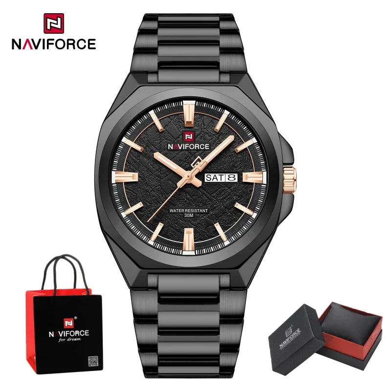 NAVIFORCE Male Quartz Stylish Wristwatch Date Week Display Waterproof Luminous Steel Band Man's Clock Luxury Wristwatch Gift Box
